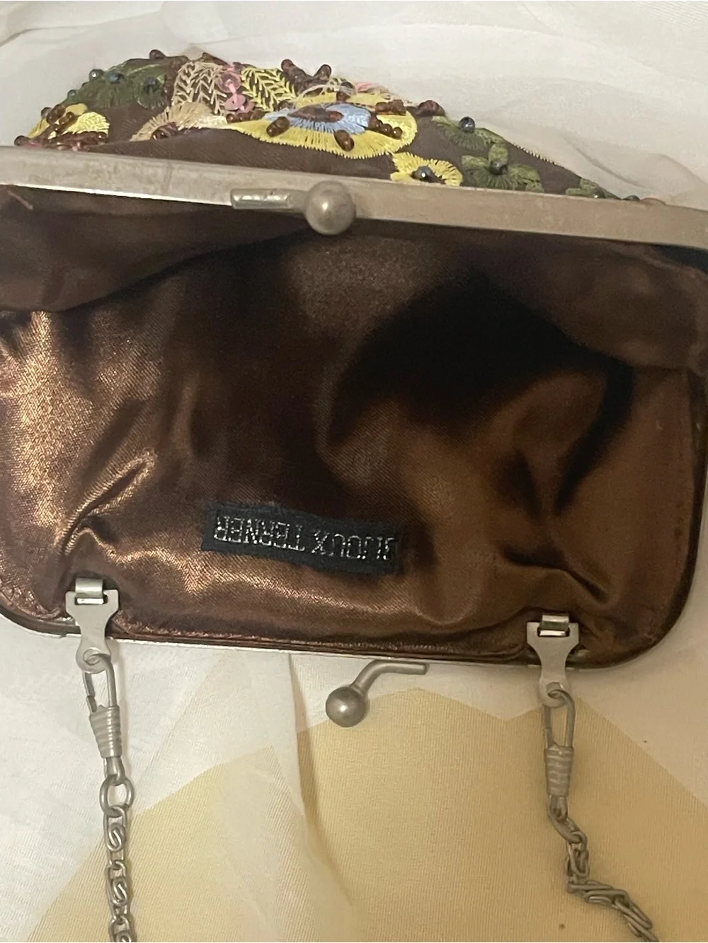 Embroidered Floral Evening Bag in Brown with Multicolor Accents